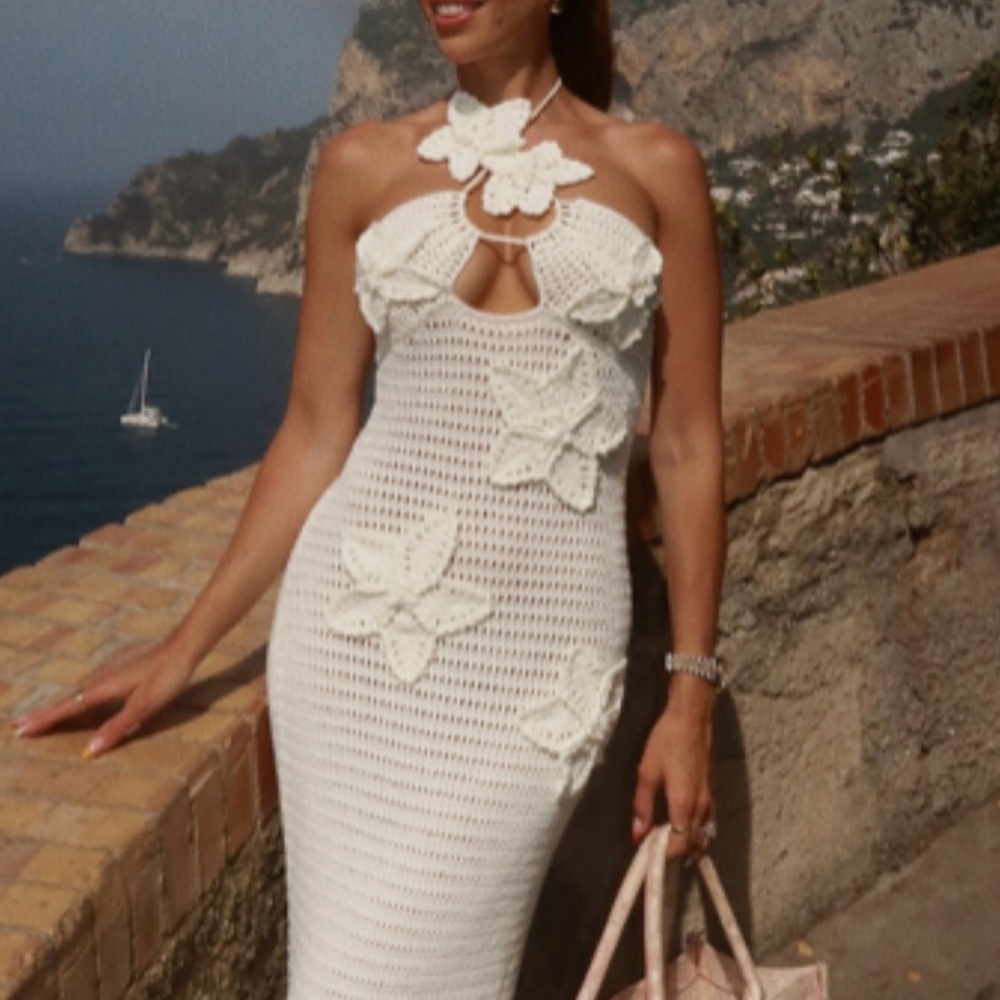 Meshki White Floral Crochet Backless Dress